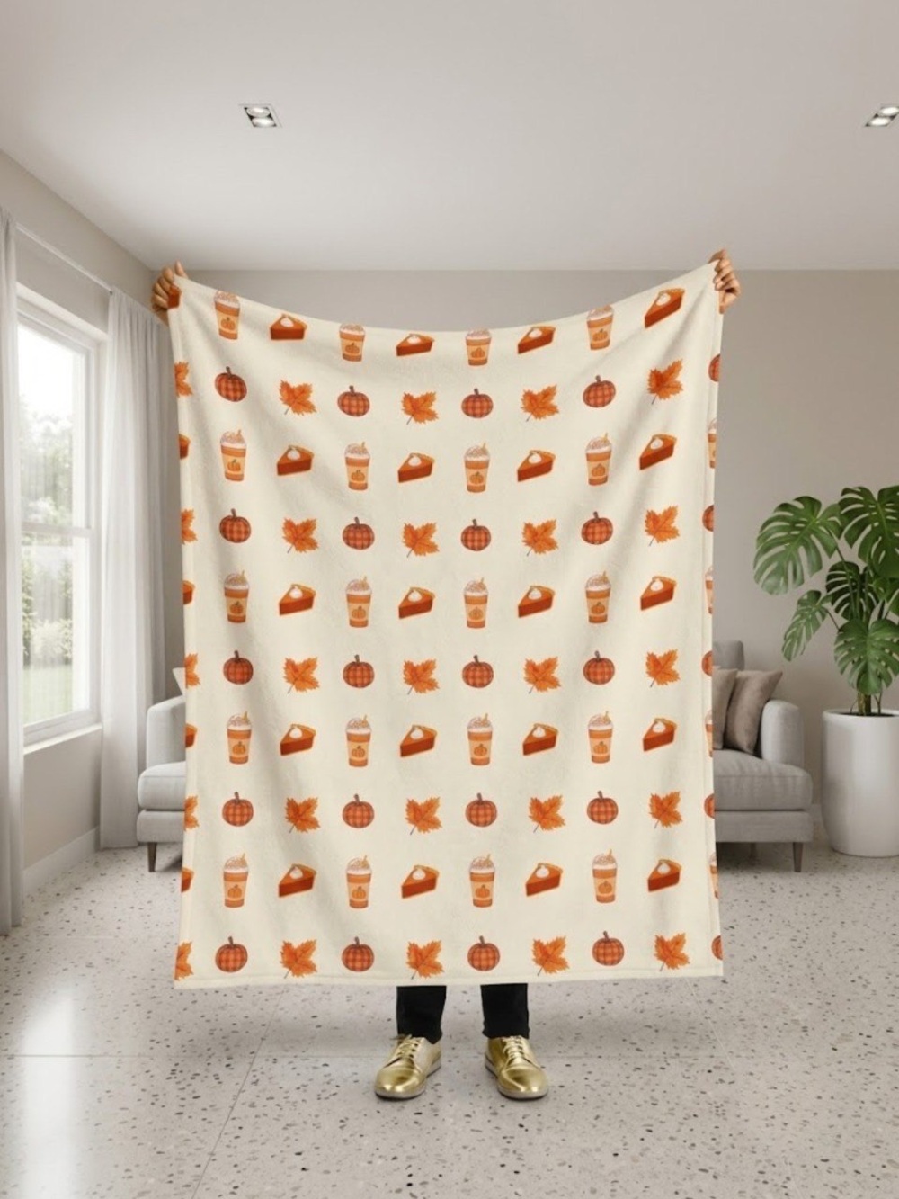 Autumn Print Cream Throw Blanket with Orange Fall Motif